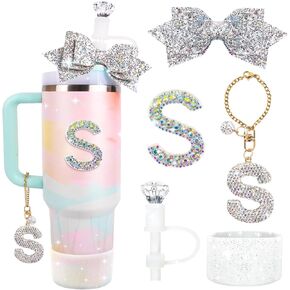 Water Bottle Accessories Set for Stanley Cup 30&40Oz, Letter Charms, Diamond Straw Topper, Glitter Silicone Boot & Sticker, Bow Straw Cover