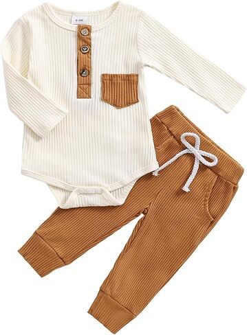fhutpw Baby Boy Clothes 3 6 12 18 Months Ribbed Knitted Long Sleeve Romper and Pants Sets Newborn Fall Splicing Color Outfits in Kuwait