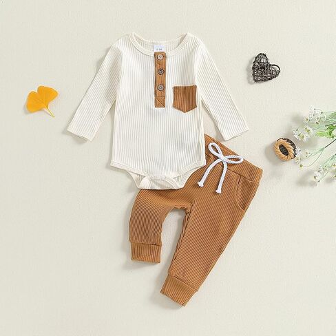 fhutpw Baby Boy Clothes 3 6 12 18 Months Ribbed Knitted Long Sleeve Romper and Pants Sets Newborn Fall Splicing Color Outfits in Kuwait