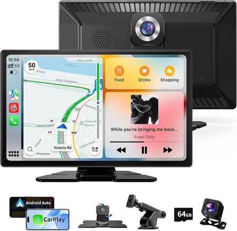 9" Portable Carplay & Android Auto Touch Screen, Wireless Car Stereo with 4K Dash Cam, 1080P Backup Camera, GPS Navigation, Mirror Link, Voice Control, FM, Siri, Bluetooth for All Vehicles in Saudi Arabia
