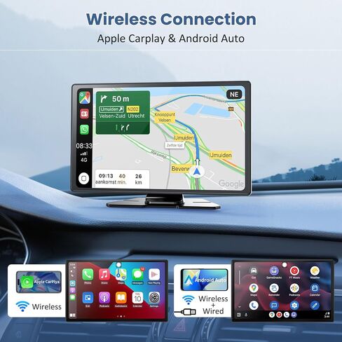 شاشة لمس محمولة Carplay & Android Auto مقاس 9 بوصات، ستيريو سيارة لاسلكي مع كاميرا داش 4K، كاميرا احتياطية 1080P، ملاحة GPS، وصلة مرآة، التحكم الصوتي، FM، Siri، بلوتوث لجميع المركبات in Kuwait