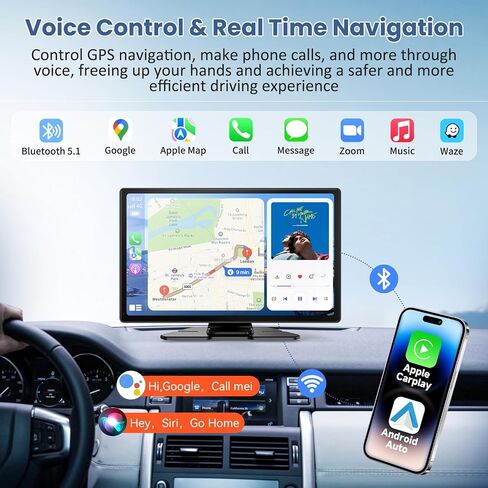 شاشة لمس محمولة Carplay & Android Auto مقاس 9 بوصات، ستيريو سيارة لاسلكي مع كاميرا داش 4K، كاميرا احتياطية 1080P، ملاحة GPS، وصلة مرآة، التحكم الصوتي، FM، Siri، بلوتوث لجميع المركبات in Kuwait