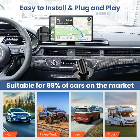 شاشة لمس محمولة Carplay & Android Auto مقاس 9 بوصات، ستيريو سيارة لاسلكي مع كاميرا داش 4K، كاميرا احتياطية 1080P، ملاحة GPS، وصلة مرآة، التحكم الصوتي، FM، Siri، بلوتوث لجميع المركبات in Kuwait