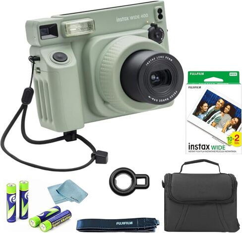 حزمة كاميرا FujiFilm Instax Wide 400 الفورية - تتضمن حزمة مزدوجة من فيلم الإطار العريض، وحقيبة حمل واقية من BluebirdSales، وقماش تنظيف، و4 بطاريات AA - محمولة - مثالية للسفر والمناسبات in Kuwait