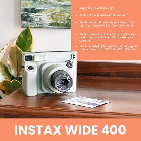 حزمة كاميرا FujiFilm Instax Wide 400 الفورية - تتضمن حزمة مزدوجة من فيلم الإطار العريض، وحقيبة حمل واقية من BluebirdSales، وقماش تنظيف، و4 بطاريات AA - محمولة - مثالية للسفر والمناسبات in Kuwait
