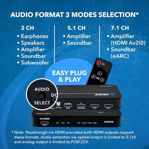 محول مستخرج الصوت OREI eARC 4K 60 هرتز 3x1 Soundbar 18G HDMI 2.0 ARC - HDCP 2.2 - Dolby Atmos Digital/DTS Passthrough CEC، HDR، دعم Dolby Vision HDR10 (HDA-935) in Kuwait