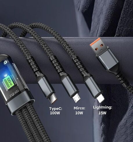 IDISON 100W Multi Charging Cable [4FT 2Pack] 3 in 1 USB Cable Fast Charging with LED Indicator, Universal Charging Cord with Type-C, Micro USB and IP Port for Cell Phones and More in Saudi Arabia