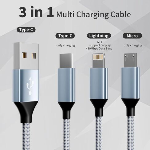 IDISON 100W Multi Charging Cable [4FT 2Pack] 3 in 1 USB Cable Fast Charging with LED Indicator, Universal Charging Cord with Type-C, Micro USB and IP Port for Cell Phones and More in Saudi Arabia