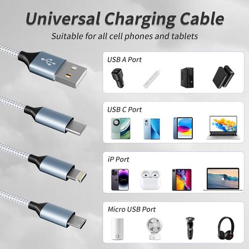 IDISON 100W Multi Charging Cable [4FT 2Pack] 3 in 1 USB Cable Fast Charging with LED Indicator, Universal Charging Cord with Type-C, Micro USB and IP Port for Cell Phones and More in Saudi Arabia