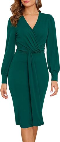 Zattcas Women 2024 Long Sleeve Fall Dress Faux Wrap Vneck Business Casual Work Teacher Church Knit Midi Dresses in Saudi Arabia