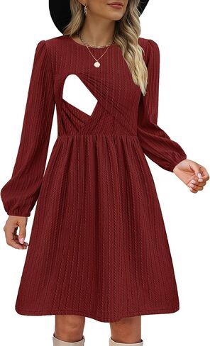 Women Nursing Dress Long Sleeve Round Neck Maternity Flowy Knee Length Babydoll in Saudi Arabia