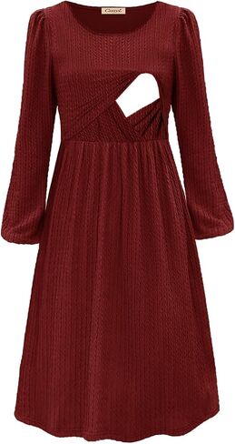 Women Nursing Dress Long Sleeve Round Neck Maternity Flowy Knee Length Babydoll in Saudi Arabia