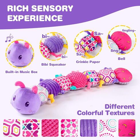 Jollybaby Musical Caterpillar Sensory Toys for Baby Girl 0-6-12 Months, Montessori Brain Development Toys for Ages 0-2 Infant, Floor Toys with Music Box, Texture and Rattles for Newborn Girls Gifts in Kuwait