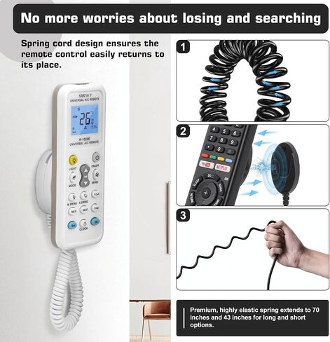 2-Pack Magnetic Remote Control Holders with Spring Ropes - Safely Secure Remotes & Small Items, Wall-Mount with Adhesive, Anti-Loss, Rapid Adsorption, Extendable Spring (White 43 inch, 2 Pack) in Saudi Arabia