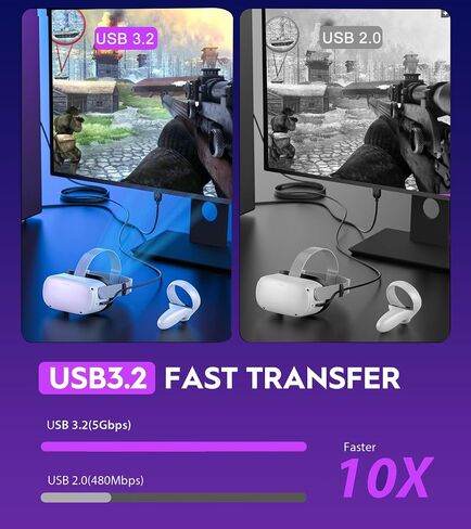كابل ربط 10أقدام لـ Meta Oculus Quest 3/2/Pro، كابل سلك شحن لنقل البيانات عالي السرعة، سلك شاحن USB 3.2 A إلى C لسماعات Oculus Quest VR لألعاب الكمبيوتر/Steam VR (10FT) in Saudi Arabia