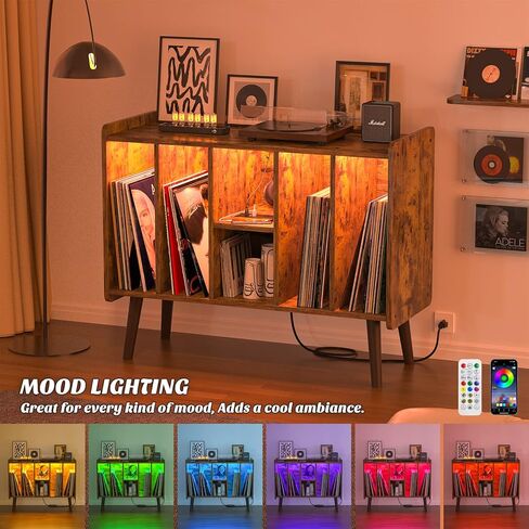 Unikito Large Record Player Stand with Vinyl Storage and LED Light, Vinyl Record Storage Cabinet with Power Outlet, Record Player Table, Turntable Stand with Wood Legs for Living Room, Bedroom, Office in Saudi Arabia