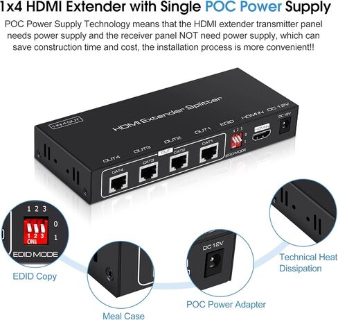 avedio links 1X4 HDMI Extender Splitter 165ft (50m)، 1080P @ 60 هرتز HDMI Extender 1 in 4 Out Over CAT 5e / 6/7، موسع HDMI 4 منافذ مع مصدر طاقة POC، HDMI إلى Ethernet لعصا النار، Roku، TV Box، 3D إيد in Kuwait