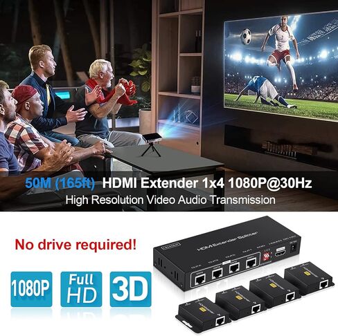 avedio links 1X4 HDMI Extender Splitter 165ft (50m)، 1080P @ 60 هرتز HDMI Extender 1 in 4 Out Over CAT 5e / 6/7، موسع HDMI 4 منافذ مع مصدر طاقة POC، HDMI إلى Ethernet لعصا النار، Roku، TV Box، 3D إيد in Kuwait