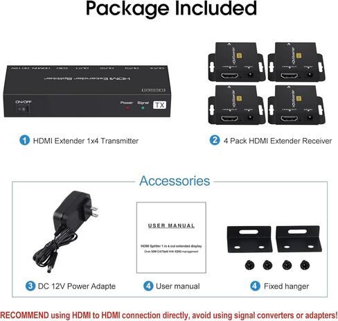 avedio links 1X4 HDMI Extender Splitter 165ft (50m)، 1080P @ 60 هرتز HDMI Extender 1 in 4 Out Over CAT 5e / 6/7، موسع HDMI 4 منافذ مع مصدر طاقة POC، HDMI إلى Ethernet لعصا النار، Roku، TV Box، 3D إيد in Kuwait