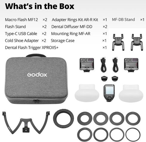 طقم فلاش ماكرو GODOX MF12-DK1، تحكم لاسلكي 2.4 جيجا، وضع أطباء الأسنان، بطارية ليثيوم مدمجة كفلاش TTL خارج الكاميرا، متوافق مع سوني، مع مشغل XproIIS + مشغل أطباء الأسنان وحامل MF-DB in Saudi Arabia