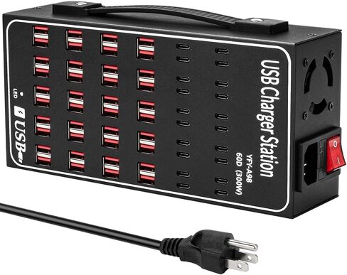 محطة شحن USB متعددة، RUANSZZ 60 منفذ 300 وات (60 أمبير) كتلة شاحن USB C مع مفتاح الطاقة، محطة شحن سطح مكتب USB متعددة، مناسبة للمحلات التجارية والفنادق والمدارس ومراكز التسوق in Kuwait