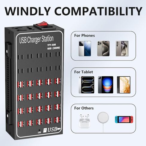محطة شحن USB متعددة، RUANSZZ 60 منفذ 300 وات (60 أمبير) كتلة شاحن USB C مع مفتاح الطاقة، محطة شحن سطح مكتب USB متعددة، مناسبة للمحلات التجارية والفنادق والمدارس ومراكز التسوق in Kuwait