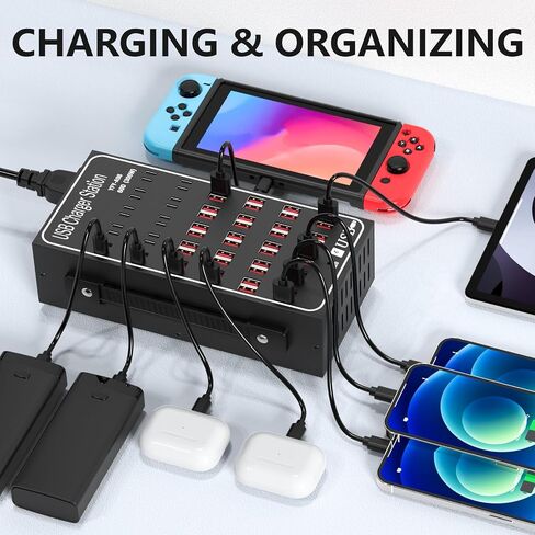 محطة شحن USB متعددة، RUANSZZ 60 منفذ 300 وات (60 أمبير) كتلة شاحن USB C مع مفتاح الطاقة، محطة شحن سطح مكتب USB متعددة، مناسبة للمحلات التجارية والفنادق والمدارس ومراكز التسوق in Kuwait