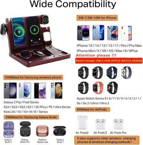 Wood Phone Docking Station Nightstand Organizer for Men 27W 2 Phone Wireless Charging Station with 4 Wireless Charger Stand for iPhone Apple Watch AirPod Mens Birthday Gift Ideas Key Holder in Kuwait