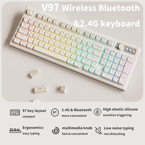 EWEADN V97 Cute Creamy Keyboard, Bluetooth/2.4GHz Gaming Keyboard Wireless with RGB Backlit, Media Knob, Curved Body, Rechargeable Quiet Computer Keyboard for MAC Xbox PC Gamer-White in Saudi Arabia