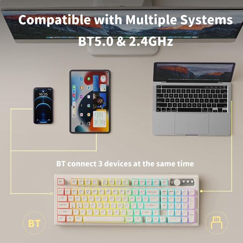 EWEADN V97 Cute Creamy Keyboard, Bluetooth/2.4GHz Gaming Keyboard Wireless with RGB Backlit, Media Knob, Curved Body, Rechargeable Quiet Computer Keyboard for MAC Xbox PC Gamer-White in Saudi Arabia