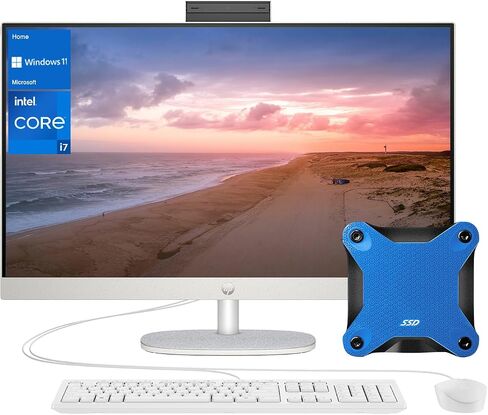 HP 27 Newest i7 All in One Desktop, 27" FHD, Intel i7-1355U, 64GB RAM, 2TB SSD, Wired Keyboard & Mouse, IR Camera, HDMI, RJ45, Wi-Fi 6, Windows 11 Home, White with A-Data 512 External SSD Bundle in Saudi Arabia