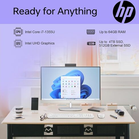 HP 27 Newest i7 All in One Desktop, 27" FHD, Intel i7-1355U, 64GB RAM, 2TB SSD, Wired Keyboard & Mouse, IR Camera, HDMI, RJ45, Wi-Fi 6, Windows 11 Home, White with A-Data 512 External SSD Bundle in Saudi Arabia