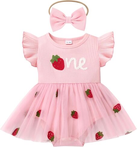 IMEKIS Baby Girls 1st Birthday Outfit Strawberry Butterfly Romper Dress with Headband Cake Smash Photo Shoot Clothes in Kuwait