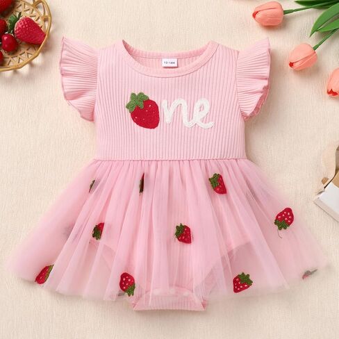 IMEKIS Baby Girls 1st Birthday Outfit Strawberry Butterfly Romper Dress with Headband Cake Smash Photo Shoot Clothes in Kuwait