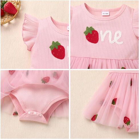 IMEKIS Baby Girls 1st Birthday Outfit Strawberry Butterfly Romper Dress with Headband Cake Smash Photo Shoot Clothes in Kuwait