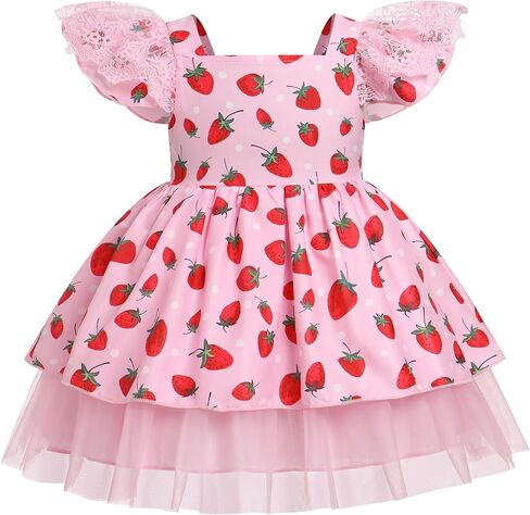 IMEKIS Toddler Baby Girl Strawberry Birthday Tulle Dress Ruffle Sleeve Summer Holiday Cake Smash Photo Shoot in Saudi Arabia