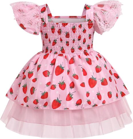 IMEKIS Toddler Baby Girl Strawberry Birthday Tulle Dress Ruffle Sleeve Summer Holiday Cake Smash Photo Shoot in Saudi Arabia