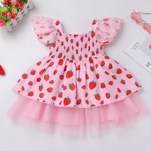 IMEKIS Toddler Baby Girl Strawberry Birthday Tulle Dress Ruffle Sleeve Summer Holiday Cake Smash Photo Shoot in Saudi Arabia
