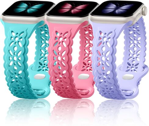 أشرطة سيليكون ناعمة من الدانتيل الزهري اللطيفة من Maledan متوافقة مع سوار ساعة Apple 38 مم 40 مم 41 مم 42 مم 44 مم 45 مم للنساء، 3 عبوات حزام سوار نحيف مسامي لـ iWatch SE Apple Watch Series 9 8 7 6 5 4 3 in Kuwait