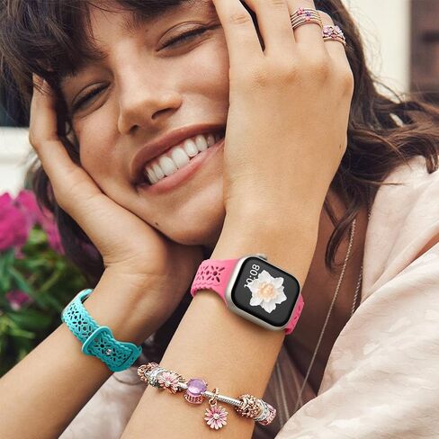 أشرطة سيليكون ناعمة من الدانتيل الزهري اللطيفة من Maledan متوافقة مع سوار ساعة Apple 38 مم 40 مم 41 مم 42 مم 44 مم 45 مم للنساء، 3 عبوات حزام سوار نحيف مسامي لـ iWatch SE Apple Watch Series 9 8 7 6 5 4 3 in Kuwait