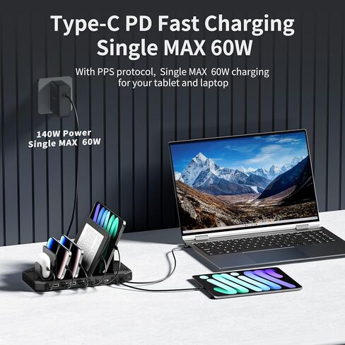 محطة شحن Unitek لأجهزة متعددة - محطات شحن سريعة بقدرة 140 واط USB C لأجهزة الكمبيوتر المحمول وقاعدة شحن iPad مع حامل شحن بحد أقصى PD 60 واط مع ساعة ذكية وحامل Airpods لجهاز MacBook Phone Tablet in Kuwait