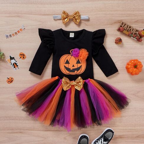 0-12M Newborn Baby Girls Halloween Outfit Long Sleeve Ghost Pumpkin RomperTutu Skirt Headband 3pcs Set in Saudi Arabia