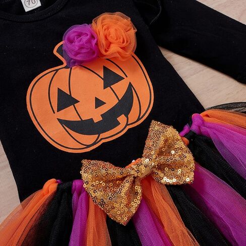 0-12M Newborn Baby Girls Halloween Outfit Long Sleeve Ghost Pumpkin RomperTutu Skirt Headband 3pcs Set in Saudi Arabia