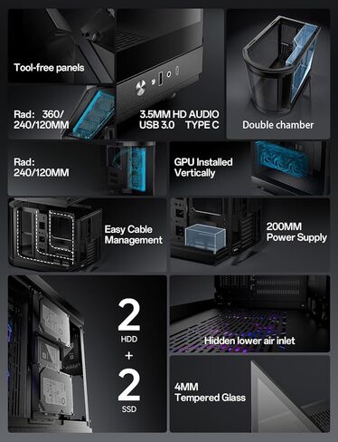 حافظة كمبيوتر AsiaHorse ATX بغرفة مزدوجة 180 درجة حافظة كمبيوتر ألعاب من الزجاج المقسى ذات عرض كامل مع منفذ من النوع C، ودعم مشعاع 360 مم، متوافقة مع RTX 40، حافظة كمبيوتر ATX متوسطة البرج لتدفق الهواء العالي. بيرسيوس-أسود in Kuwait