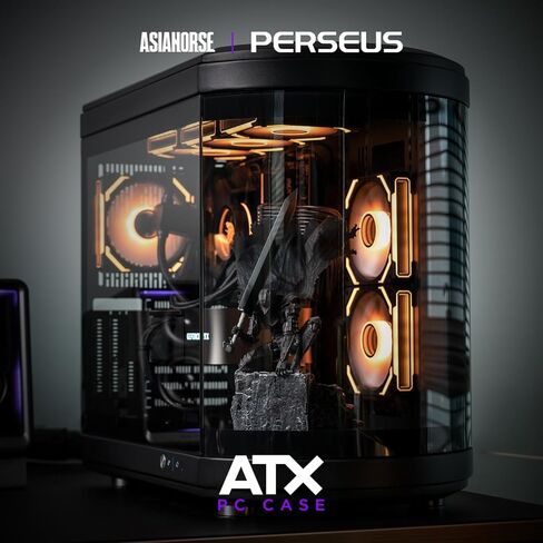 حافظة كمبيوتر AsiaHorse ATX بغرفة مزدوجة 180 درجة حافظة كمبيوتر ألعاب من الزجاج المقسى ذات عرض كامل مع منفذ من النوع C، ودعم مشعاع 360 مم، متوافقة مع RTX 40، حافظة كمبيوتر ATX متوسطة البرج لتدفق الهواء العالي. بيرسيوس-أسود in Kuwait