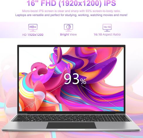 Laptop 16", 16GB RAM 512GB SSD, FHD IPS 1920x1200 Display, Quad Core N CPU, Notebook Computer with 4 Stereo Speakers, Cooling System, 38Wh Battery, Numeric Keypad, USB3.0*2, Business Student Laptops. in Saudi Arabia