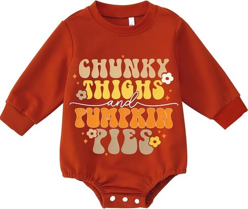 SOFEON Infant Baby Girls Thanksgiving Romper Chunky Thighs And Pumpkin Pies Outfits Bubble Sweatshirt Onesie Fall Clothes in Saudi Arabia