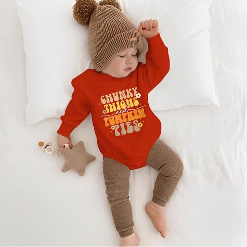SOFEON Infant Baby Girls Thanksgiving Romper Chunky Thighs And Pumpkin Pies Outfits Bubble Sweatshirt Onesie Fall Clothes in Saudi Arabia