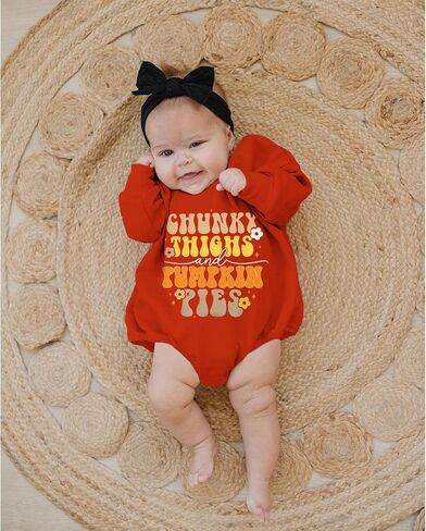 SOFEON Infant Baby Girls Thanksgiving Romper Chunky Thighs And Pumpkin Pies Outfits Bubble Sweatshirt Onesie Fall Clothes in Saudi Arabia