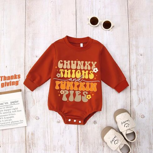SOFEON Infant Baby Girls Thanksgiving Romper Chunky Thighs And Pumpkin Pies Outfits Bubble Sweatshirt Onesie Fall Clothes in Saudi Arabia